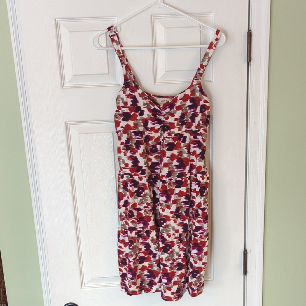 LOFT Red and Purple Patterned Midi Dress